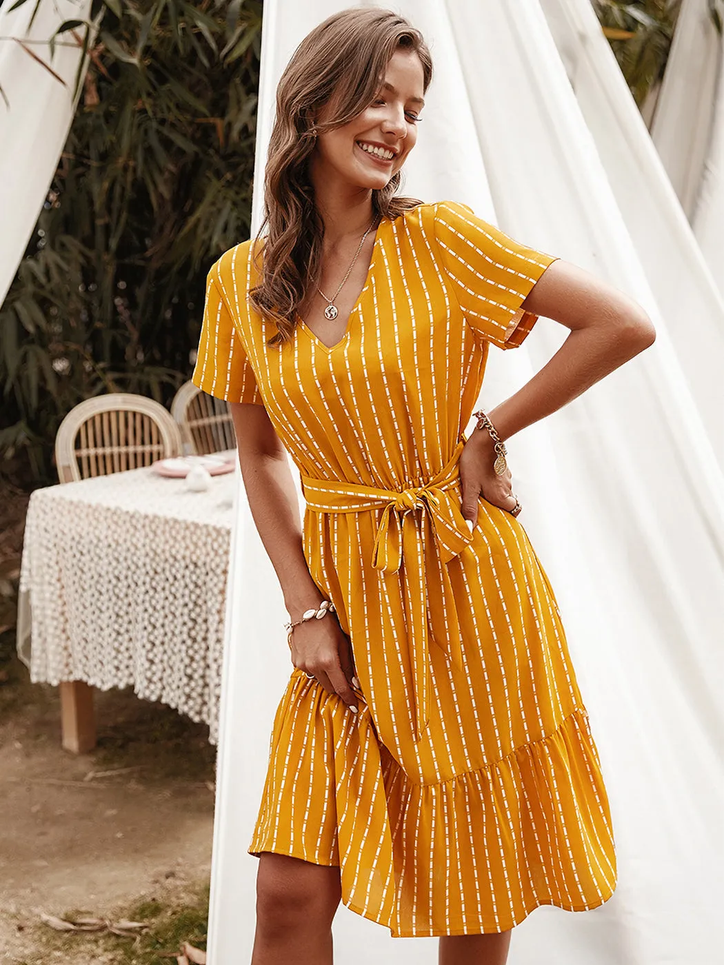 Anna-Kac Vertical Striped Short Sleeve Ruffle Flowy Swing Dress With Belt