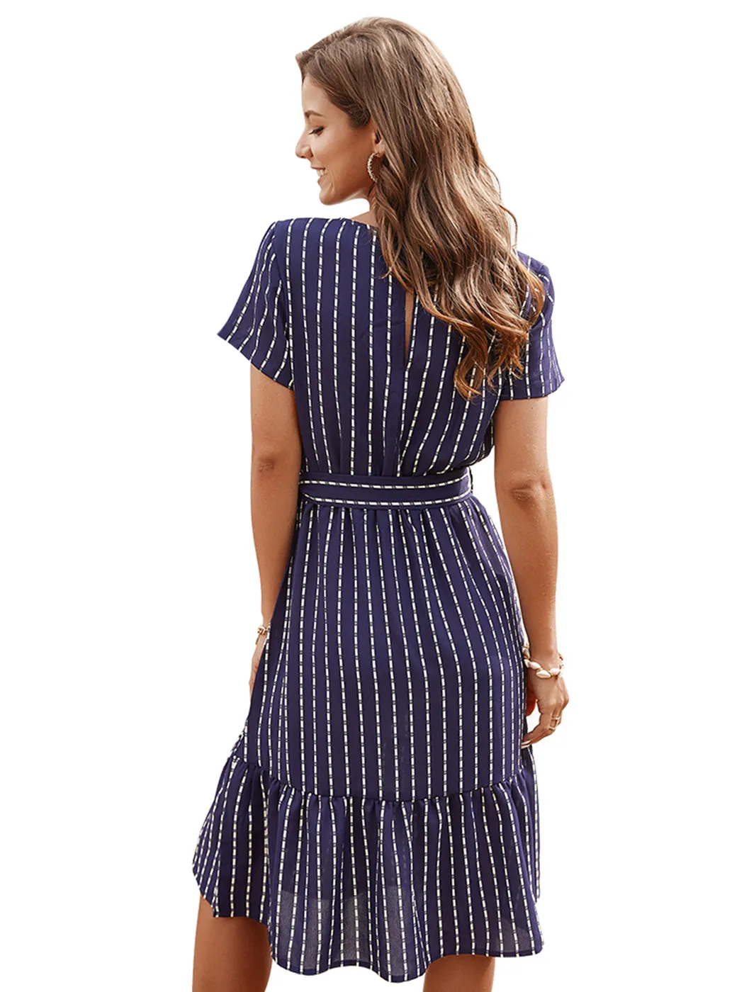 Anna-Kac Vertical Striped Short Sleeve Ruffle Flowy Swing Dress With Belt