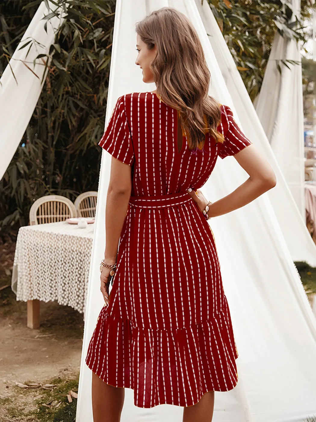 Anna-Kac Vertical Striped Short Sleeve Ruffle Flowy Swing Dress With Belt