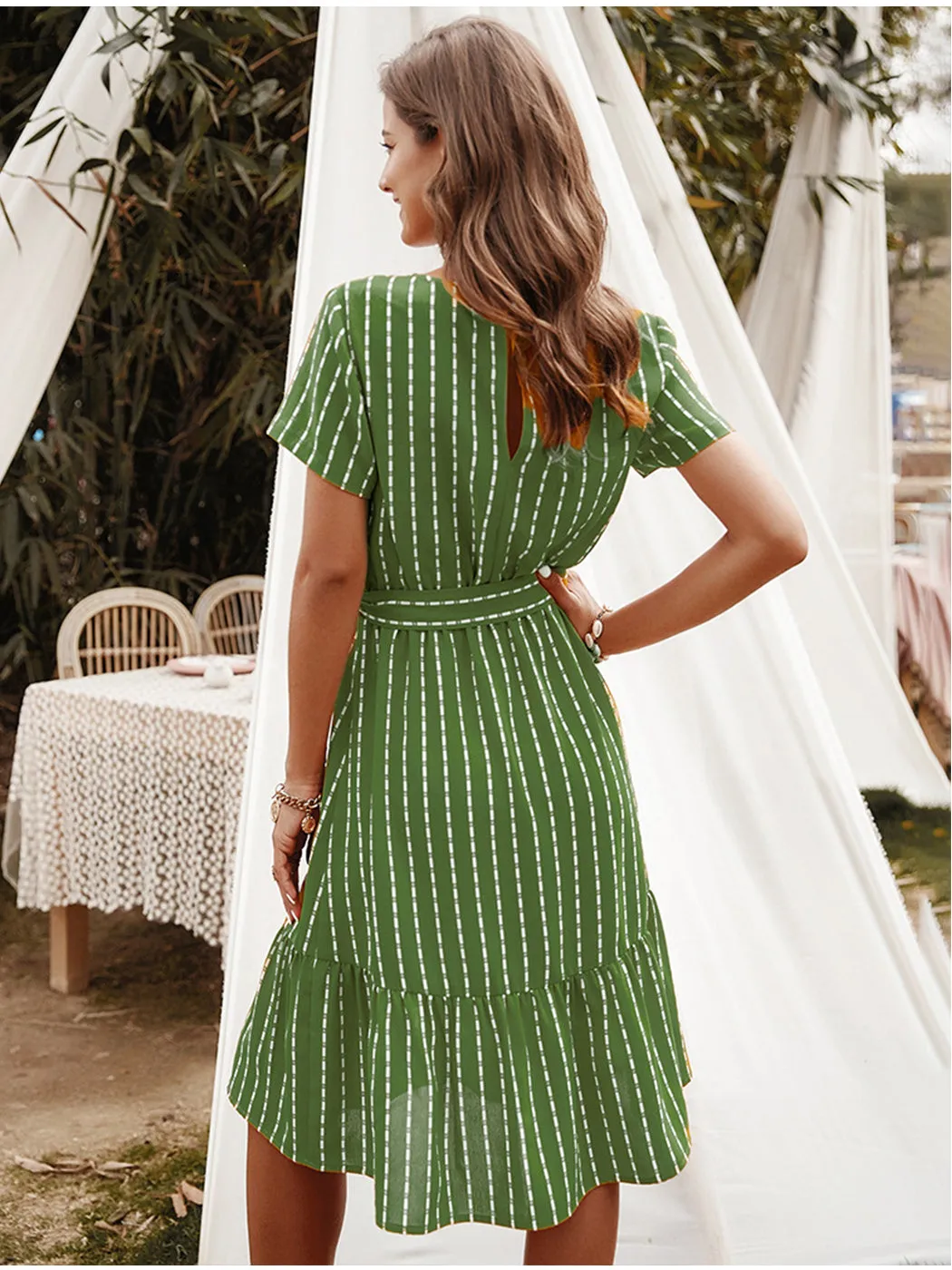 Anna-Kac Vertical Striped Short Sleeve Ruffle Flowy Swing Dress With Belt