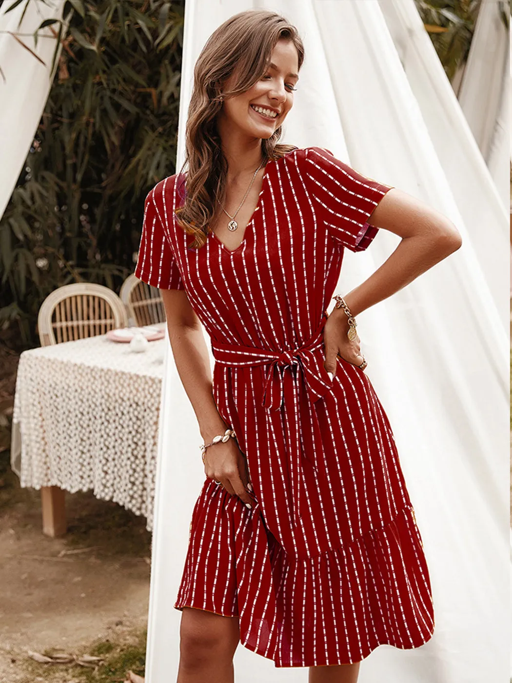 Anna-Kac Vertical Striped Short Sleeve Ruffle Flowy Swing Dress With Belt