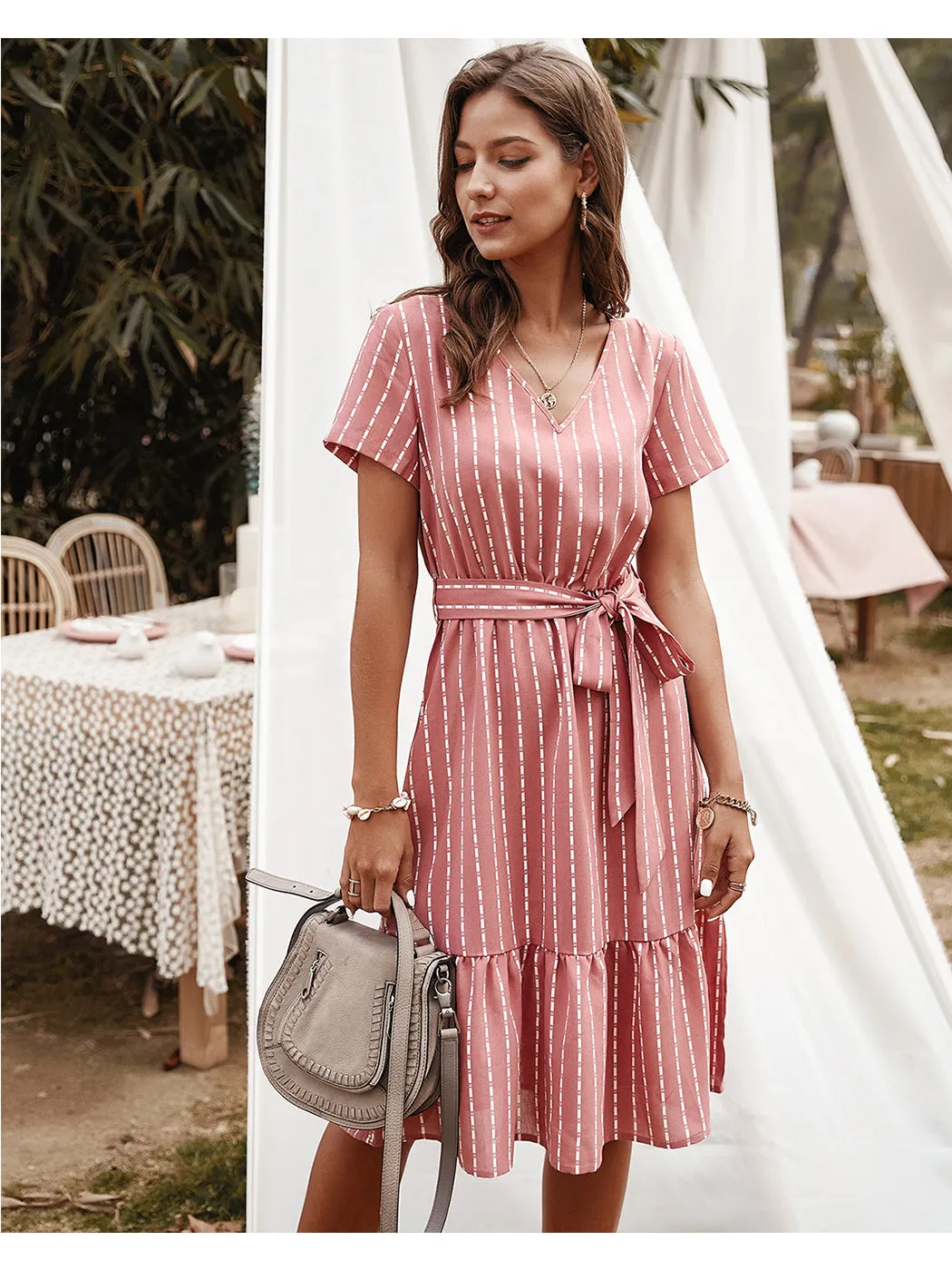 Anna-Kac Vertical Striped Short Sleeve Ruffle Flowy Swing Dress With Belt