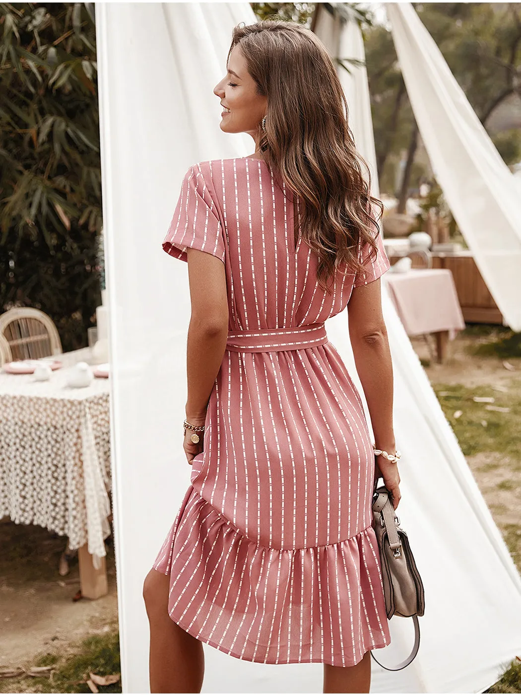 Anna-Kac Vertical Striped Short Sleeve Ruffle Flowy Swing Dress With Belt