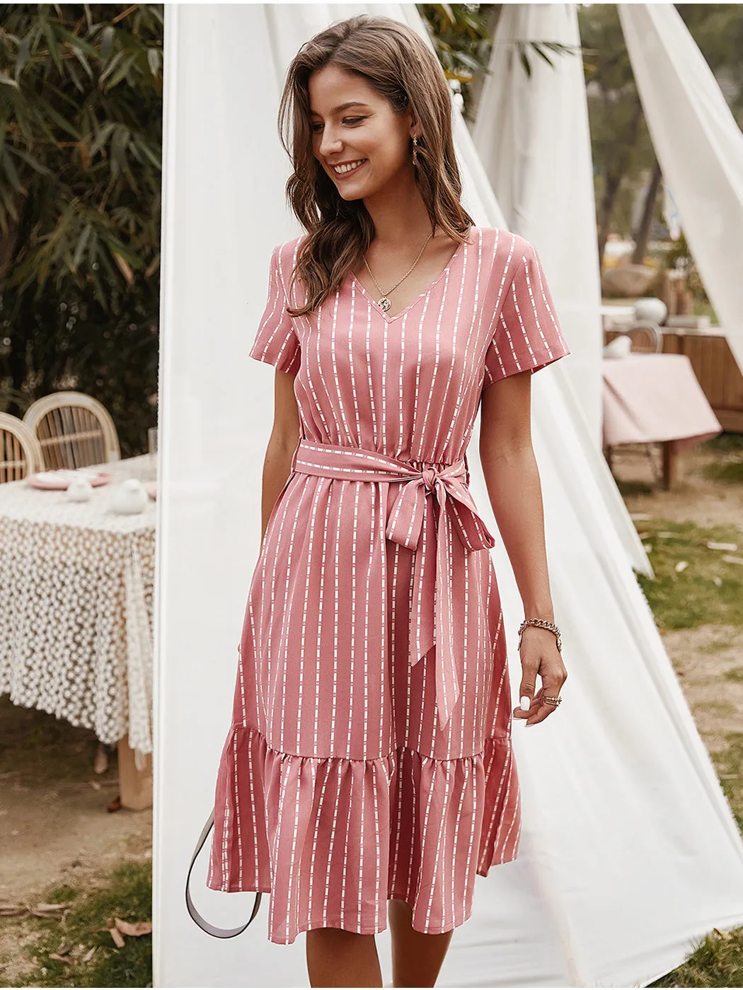 Anna-Kac Vertical Striped Short Sleeve Ruffle Flowy Swing Dress With Belt