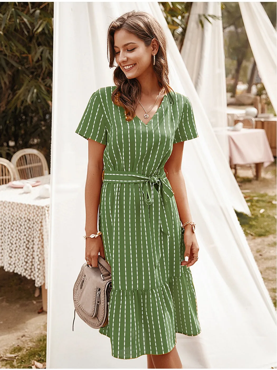 Anna-Kac Vertical Striped Short Sleeve Ruffle Flowy Swing Dress With Belt