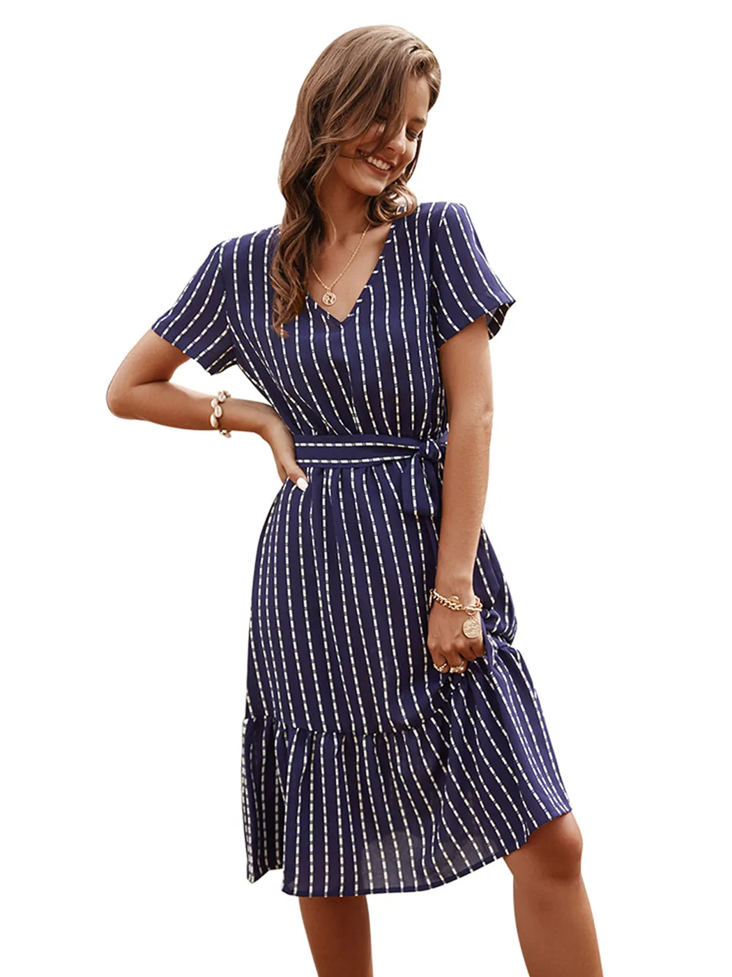 Anna-Kac Vertical Striped Short Sleeve Ruffle Flowy Swing Dress With Belt