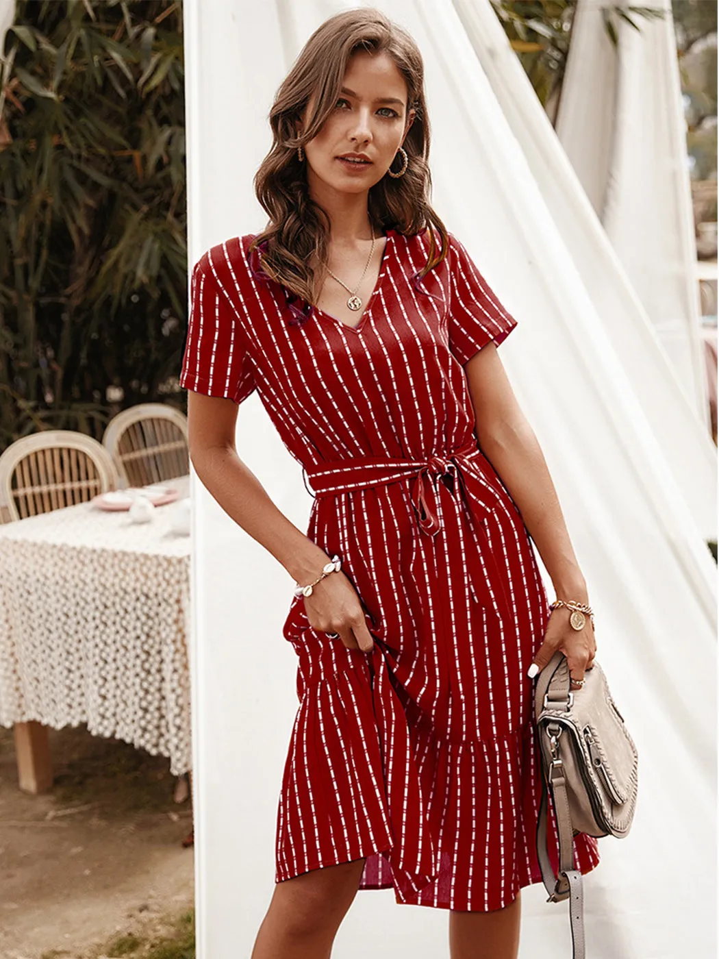 Anna-Kac Vertical Striped Short Sleeve Ruffle Flowy Swing Dress With Belt