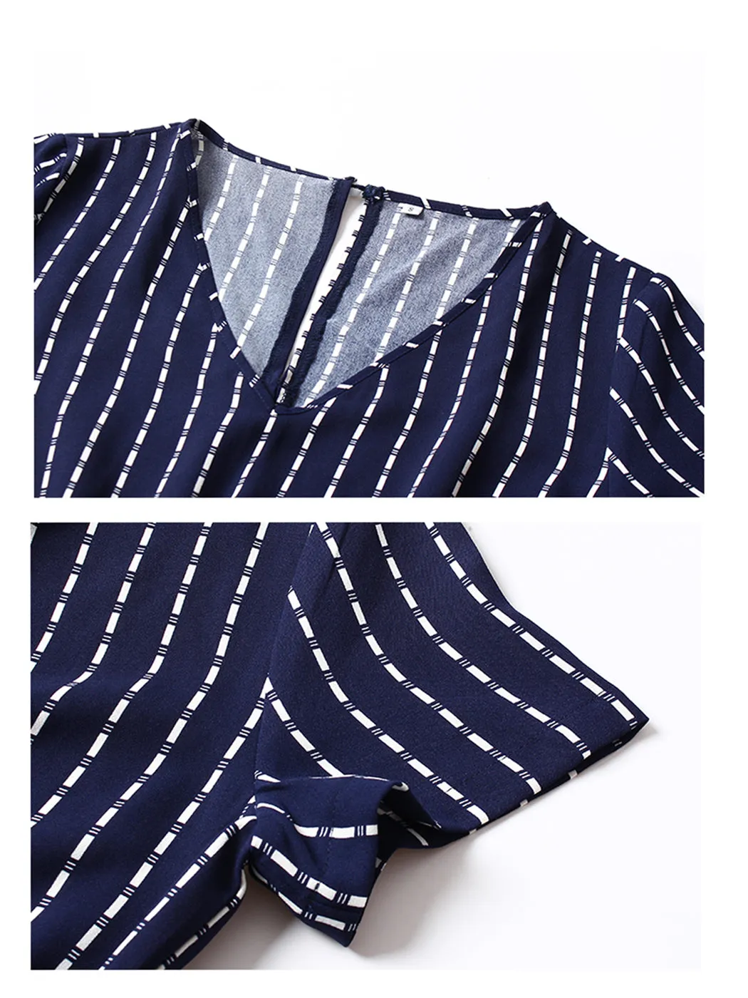 Anna-Kac Vertical Striped Short Sleeve Ruffle Flowy Swing Dress With Belt