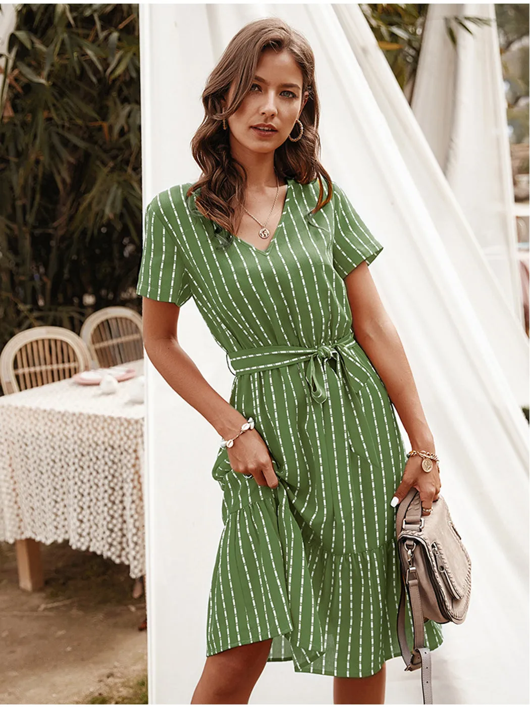 Anna-Kac Vertical Striped Short Sleeve Ruffle Flowy Swing Dress With Belt