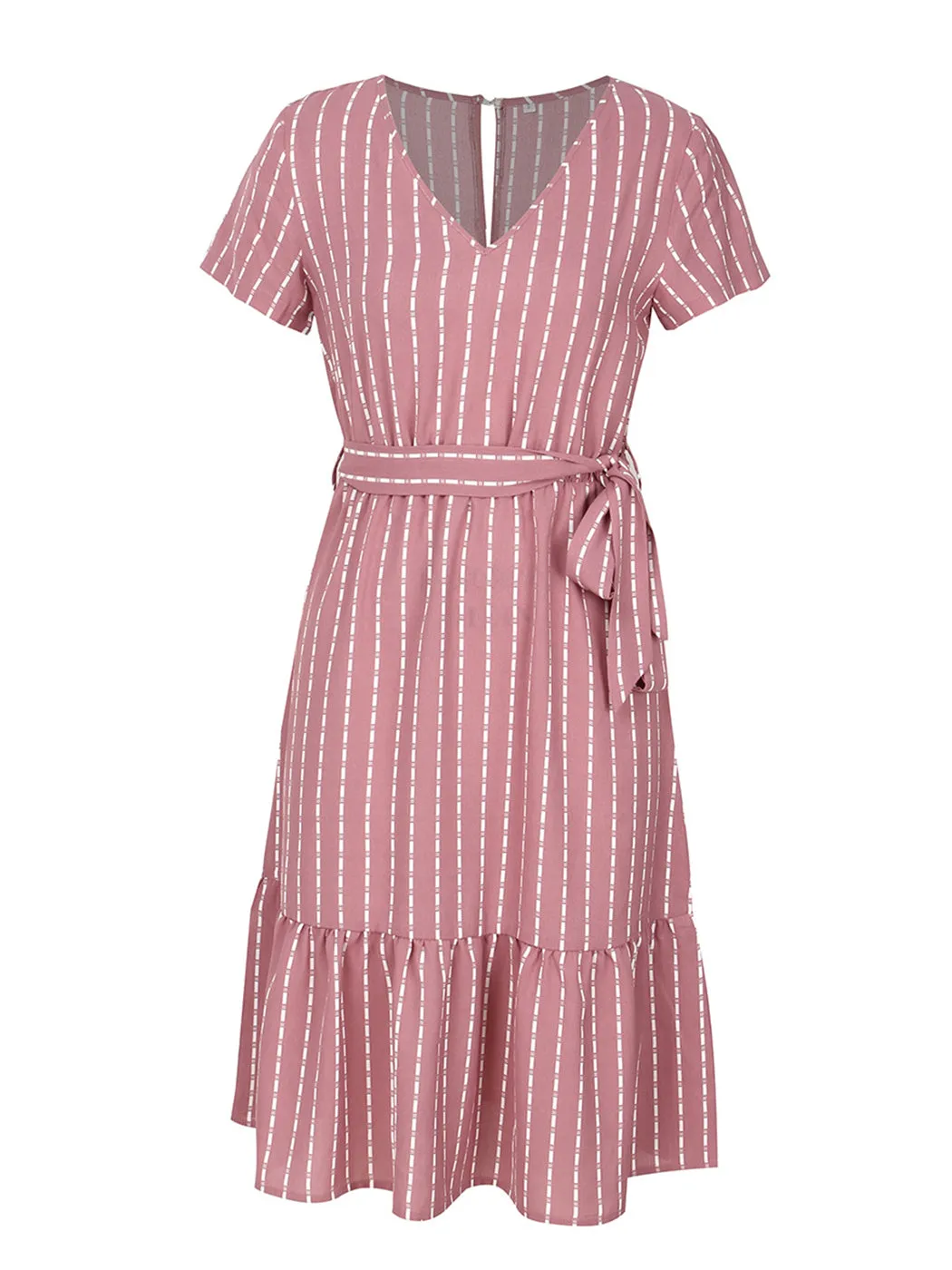 Anna-Kac Vertical Striped Short Sleeve Ruffle Flowy Swing Dress With Belt