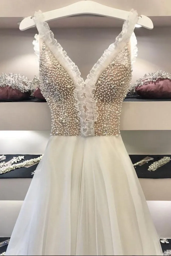 Anneprom A-line Straps Ivory Prom Dress Unique Beading Prom Dresses Long Evening Dress APW0230