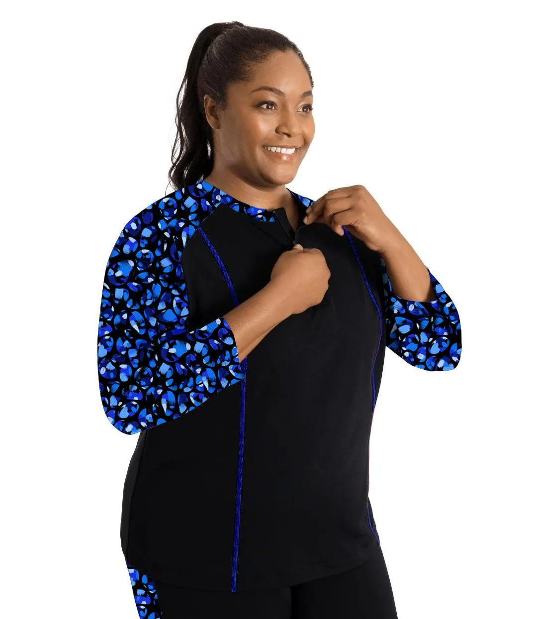 AquaSport Long Sleeve Rash Guard Ocean Blues Print Black