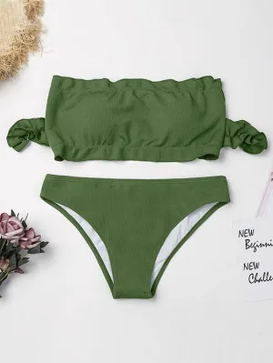 Army Green Off The Shoulder Short Sleeve Bikinis