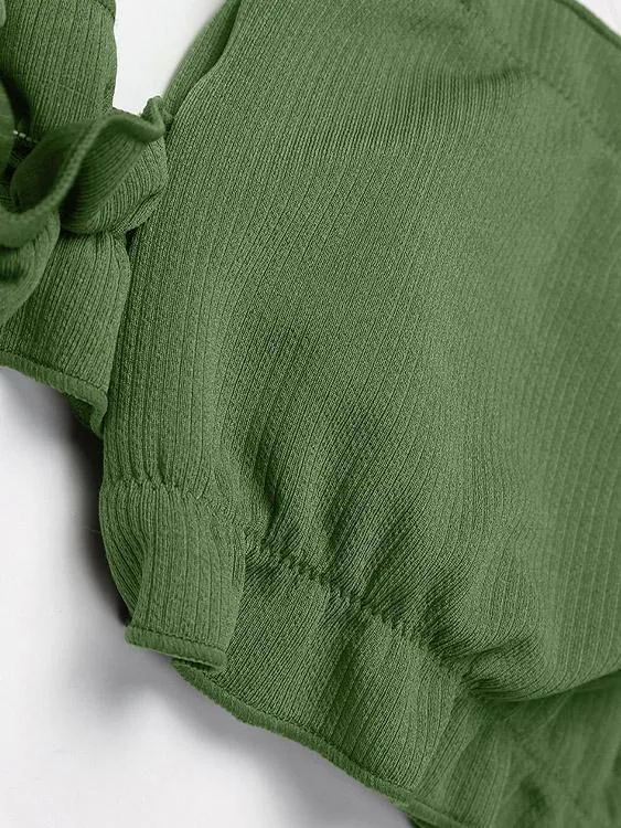 Army Green Off The Shoulder Short Sleeve Bikinis