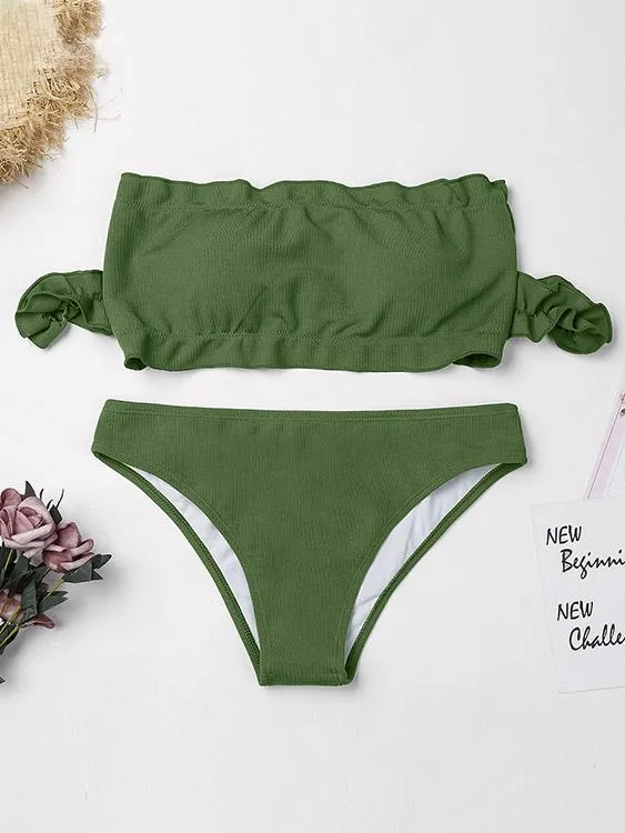 Army Green Off The Shoulder Short Sleeve Bikinis