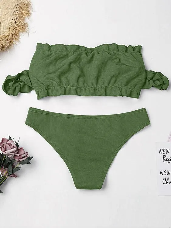 Army Green Off The Shoulder Short Sleeve Bikinis