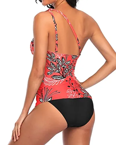 Asymmetric One Shoulder Strap Suit For Women Tankini Two Piece-Red Floral