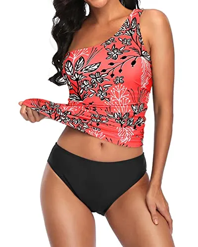 Asymmetric One Shoulder Strap Suit For Women Tankini Two Piece-Red Floral