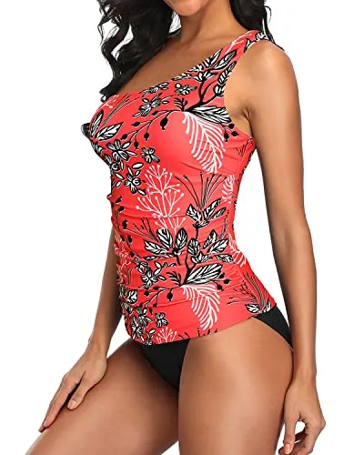 Asymmetric One Shoulder Strap Suit For Women Tankini Two Piece-Red Floral