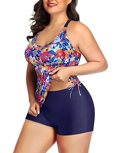 Athletic 2 Piece Plus Size Tankini Swimsuit Bathing Suit Top Shorts-Colorful Flower