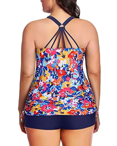 Athletic 2 Piece Plus Size Tankini Swimsuit Bathing Suit Top Shorts-Colorful Flower