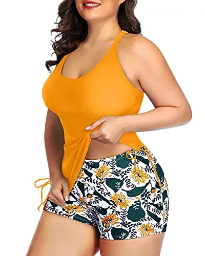 Athletic 2-Piece Swimwear Strappy Tankini Top & Boyleg Shorts-Yellow Floral