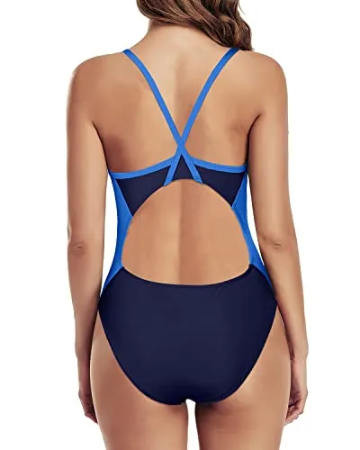 Athletic Bathing Suit With V Shaped Back Sport Swimwear-Blue