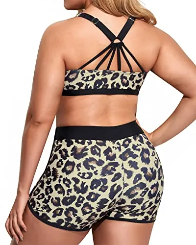 Athletic Bathing Suits With Plus Size Sport Bra And Boy Shorts-Black And Leopard