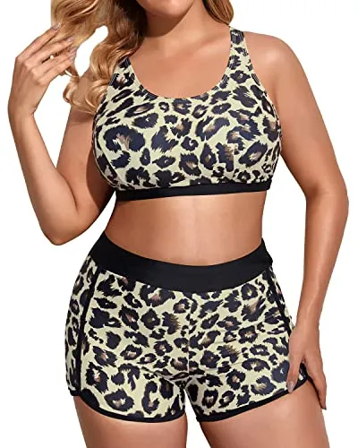 Athletic Bathing Suits With Plus Size Sport Bra And Boy Shorts-Black And Leopard