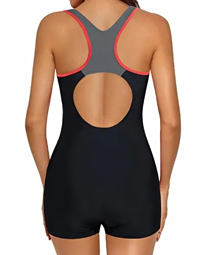 Athletic Boy Shorts Bathing Suit For Women One Piece Swimsuits-Black Gray