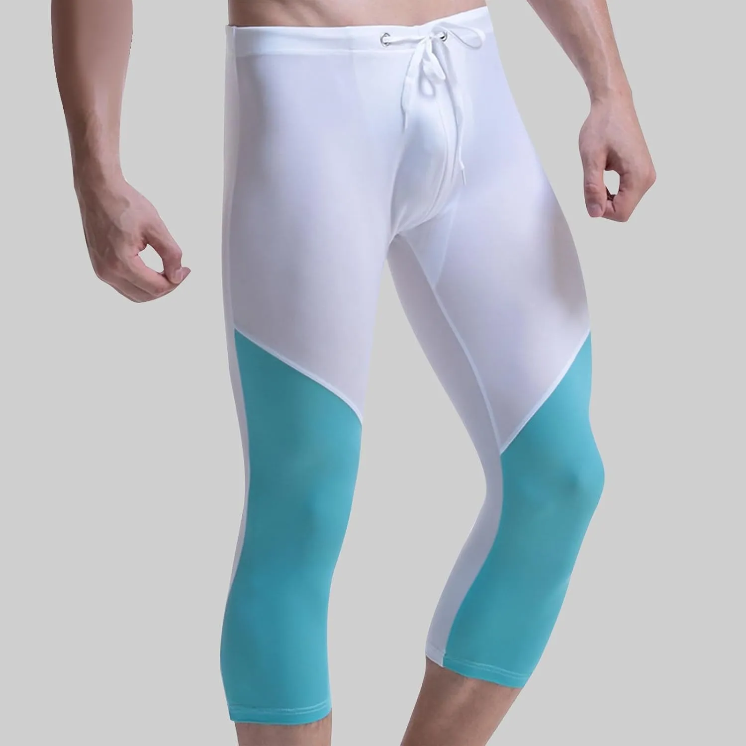 Athletic Capris for Men Color Block Leggings Drawstring Compression Pants Quick-Dry Active Wear Training Jogger Pant
