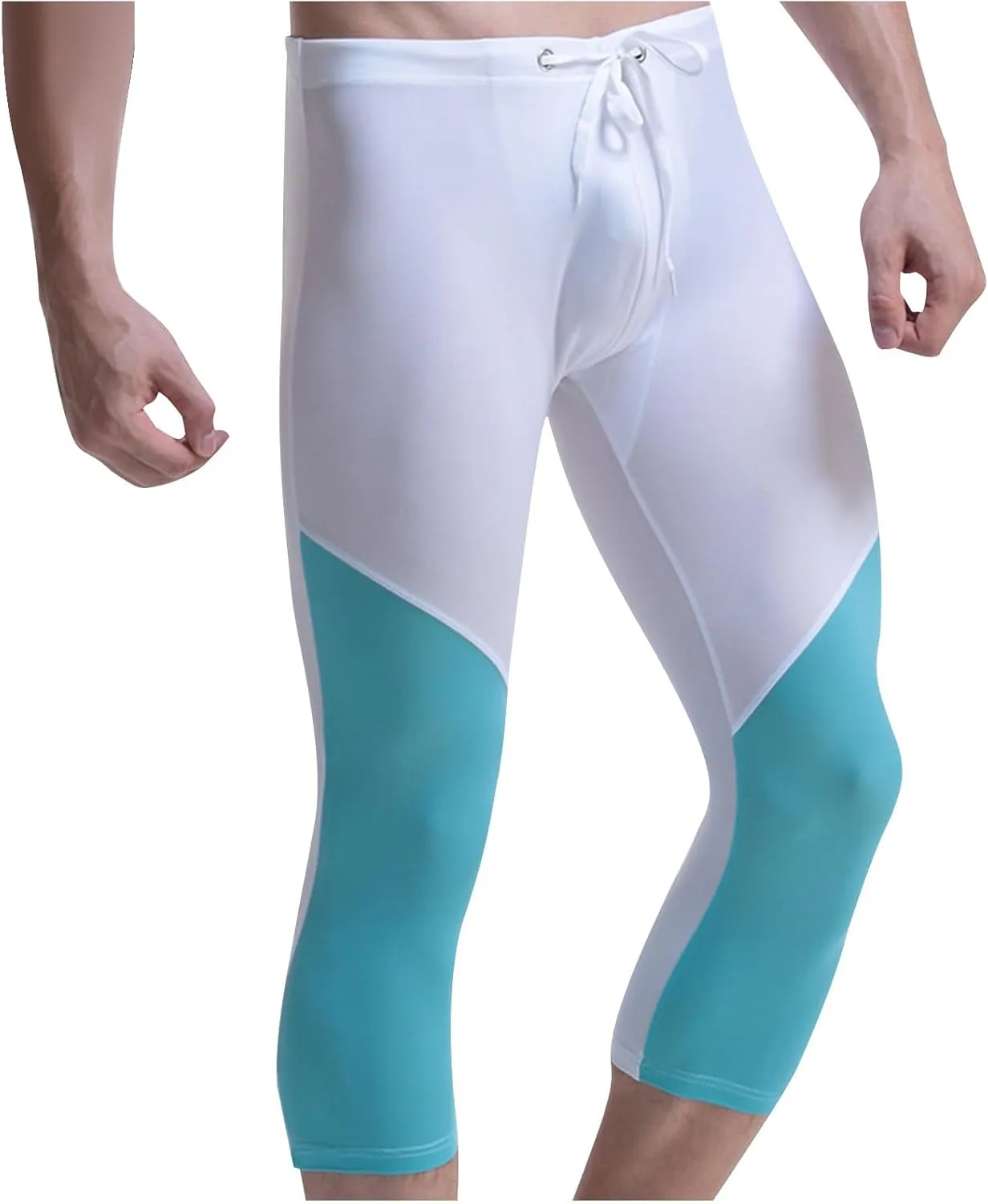Athletic Capris for Men Color Block Leggings Drawstring Compression Pants Quick-Dry Active Wear Training Jogger Pant