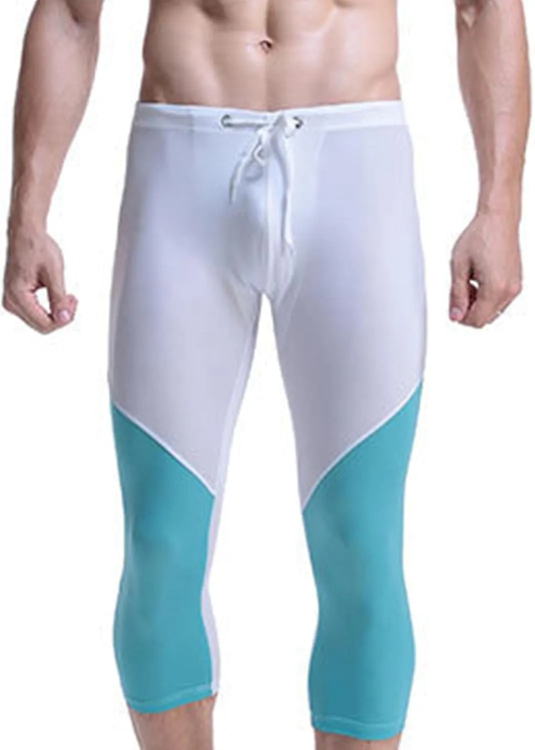 Athletic Capris for Men Color Block Leggings Drawstring Compression Pants Quick-Dry Active Wear Training Jogger Pant