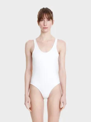 Athletic neoprene one piece open back bathing suit