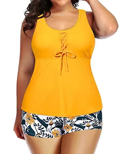 Athletic Plus Size 2 Piece Bathing Suit With High Waisted Boyshort-Yellow Floral