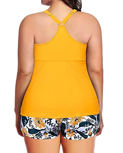 Athletic Plus Size 2 Piece Bathing Suit With High Waisted Boyshort-Yellow Floral