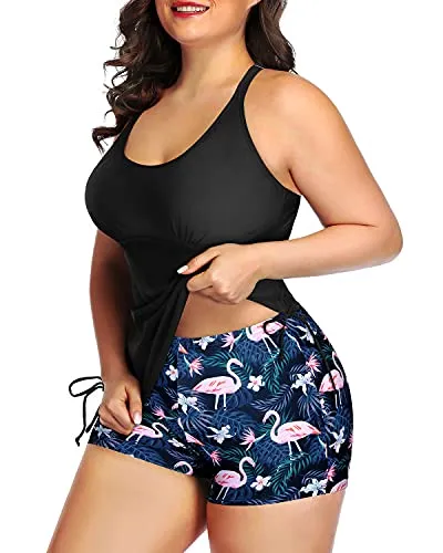 Athletic Plus Size Bathing Suit For Women High Waisted Boyshorts-Black Flamingo