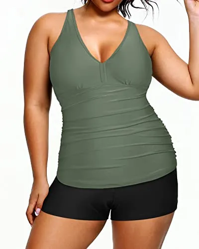 Athletic Plus Size Tankini Boy Shorts Removable Padded Bra Bathing Suits-Olive Green