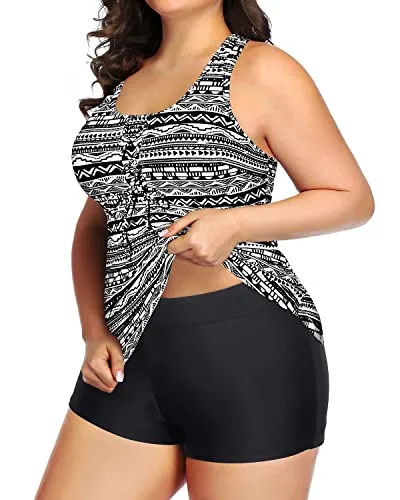 Athletic Plus Size Tankini Swimsuits For Women Tummy Control Bathing Suits-Black Tribal