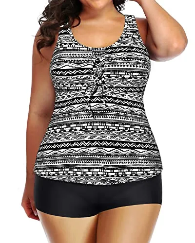 Athletic Plus Size Tankini Swimsuits For Women Tummy Control Bathing Suits-Black Tribal