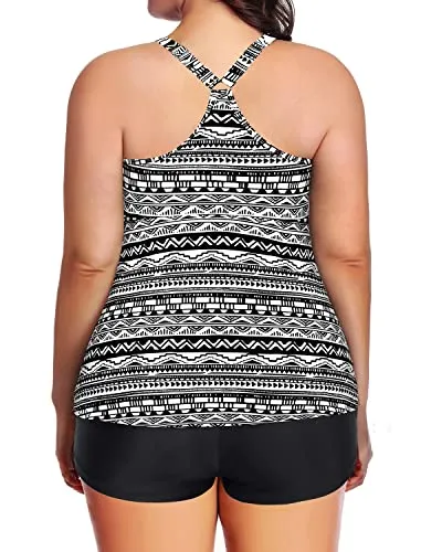 Athletic Plus Size Tankini Swimsuits For Women Tummy Control Bathing Suits-Black Tribal