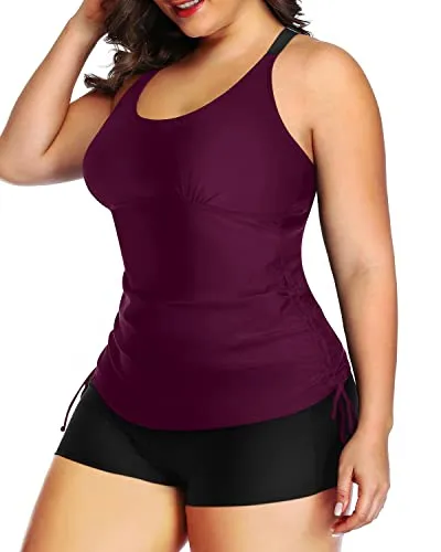 Athletic Plus Size Two Piece Ruched Swimsuit Tummy Control-Maroon