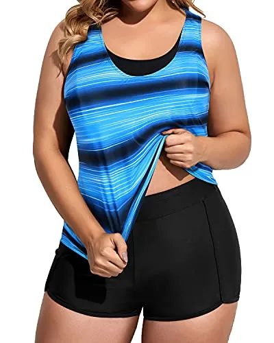 Athletic Plus Size Women's Tank Top With Sports Bra And Boy Shorts-Blue And Black Stripe