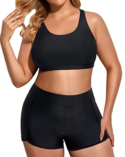 Athletic Plus Size Women's Tank Top With Sports Bra And Boy Shorts-Blue And Black Stripe