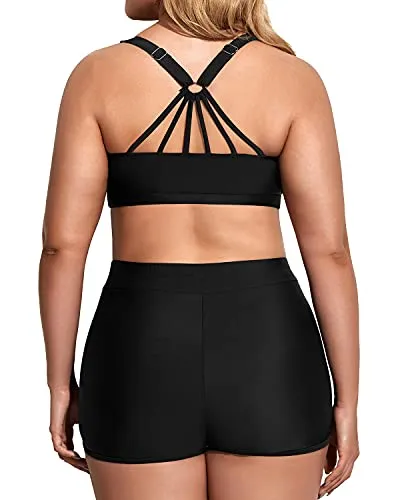 Athletic Plus Size Women's Tank Top With Sports Bra And Boy Shorts-Blue And Black Stripe
