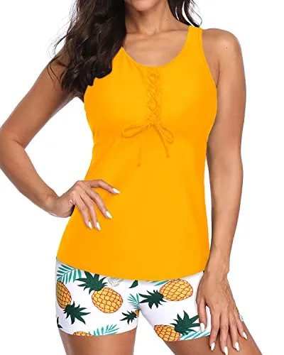 Athletic Racerback Swim Tankini Top With Loose Fit For Women-Yellow Pineapple