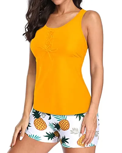 Athletic Racerback Swim Tankini Top With Loose Fit For Women-Yellow Pineapple