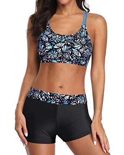Athletic Tank Top With Bra And Boy Shorts For Women Swimsuits-Light Blue
