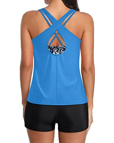 Athletic Tank Top With Bra And Boy Shorts For Women Swimsuits-Light Blue