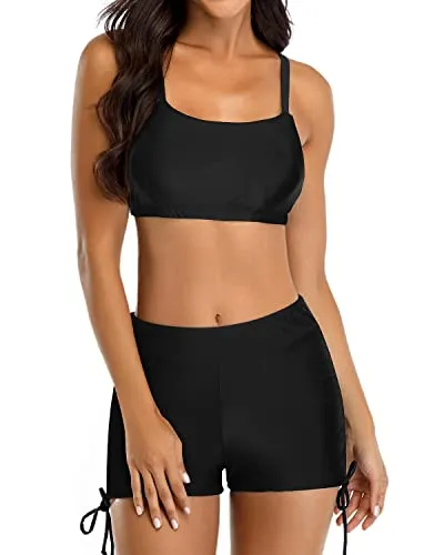 Athletic Tankini Swimsuit Set Push Up Bra & Mid Waist Boyleg Bottoms-Blue And Black Stripe